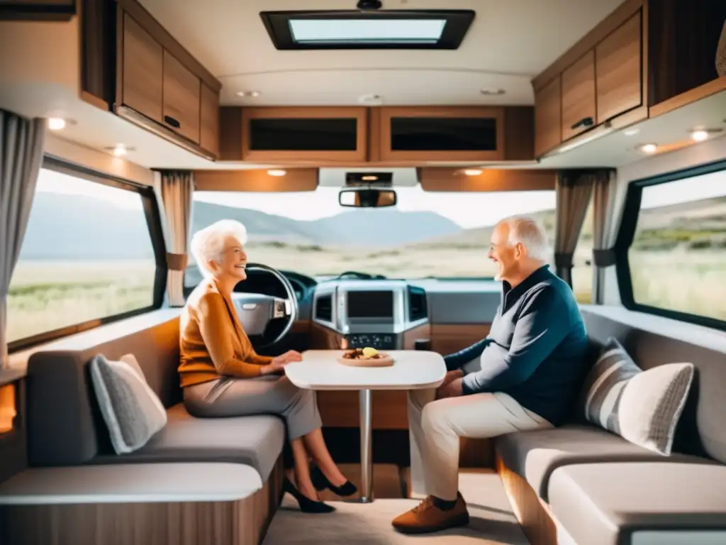 Pareja mayor disfrutando viaje en RV moderna y segura Pareja mayor disfrutando viaje seguro y económico en RV moderna y espaciosa rodeada de paisajes impresionantes