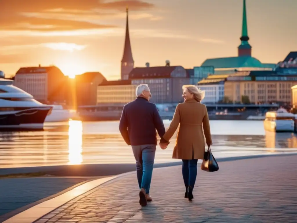 Pareja feliz explorando Oslo al atardecer Pareja madura disfrutando de experiencias enriquecedoras en Oslo