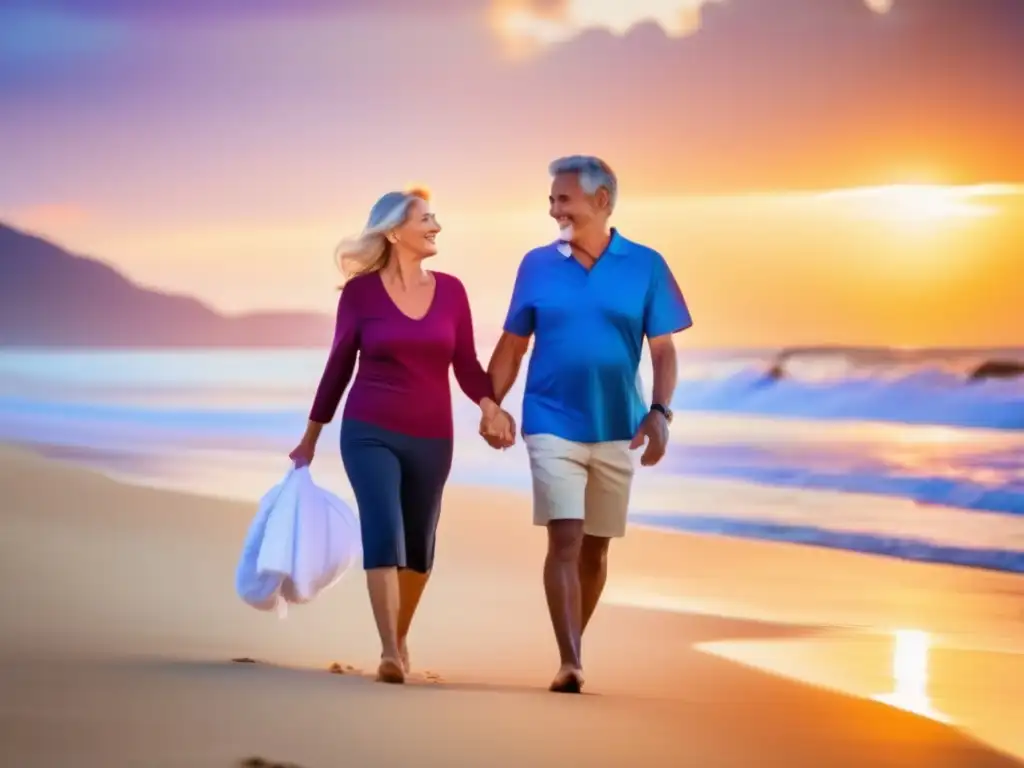 Pareja feliz disfrutando de playa al atardecer Turismo médico para viajeros maduros en la playa al atardecer