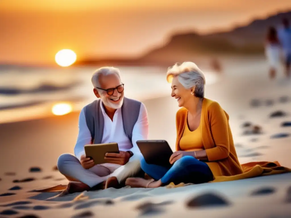 Pareja mayor disfrutando la playa al atardecer Pareja senior feliz conectada con su familia a través de soluciones tecnológicas para viajeros