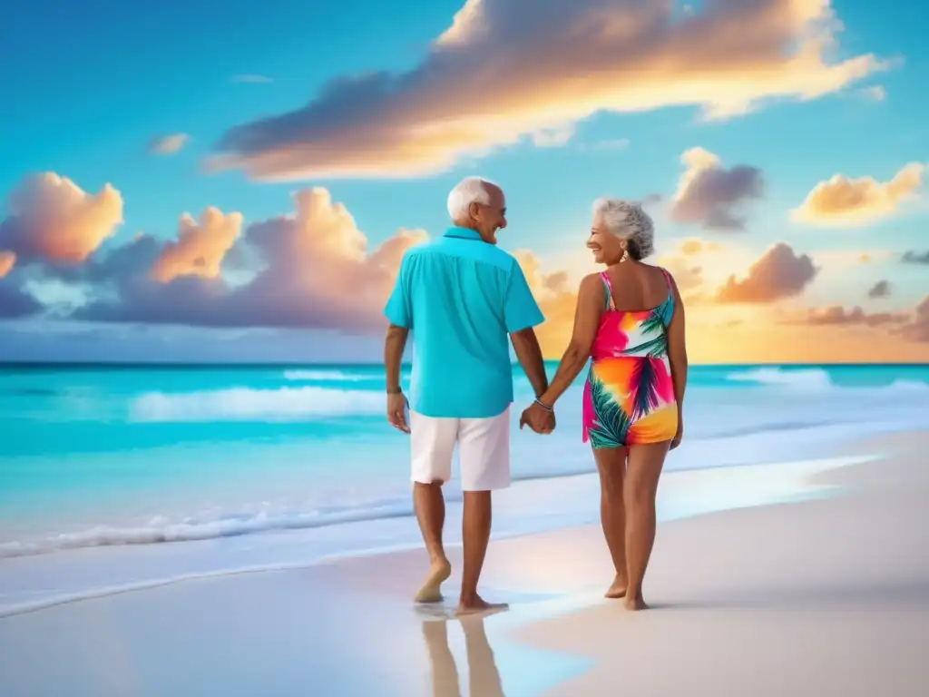 Pareja mayor feliz en una playa paradisíaca - Beneficios seguros viaje mayores