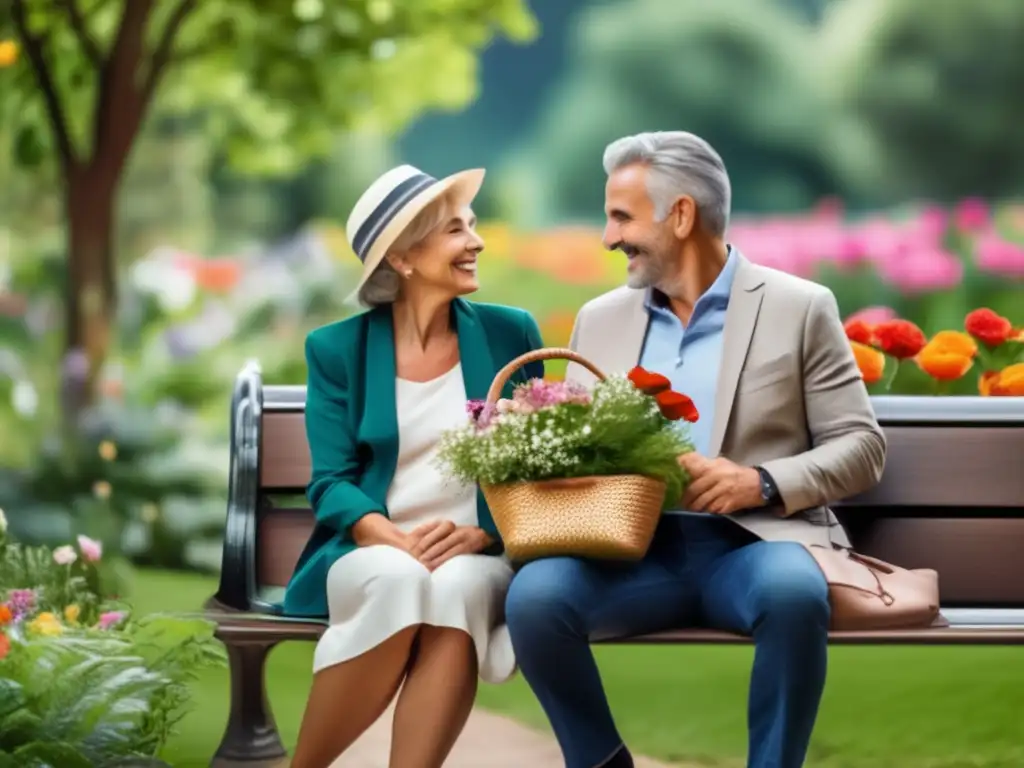 Pareja mayor feliz en un banco del parque, rodeados de naturaleza y flores, preparados para un viaje