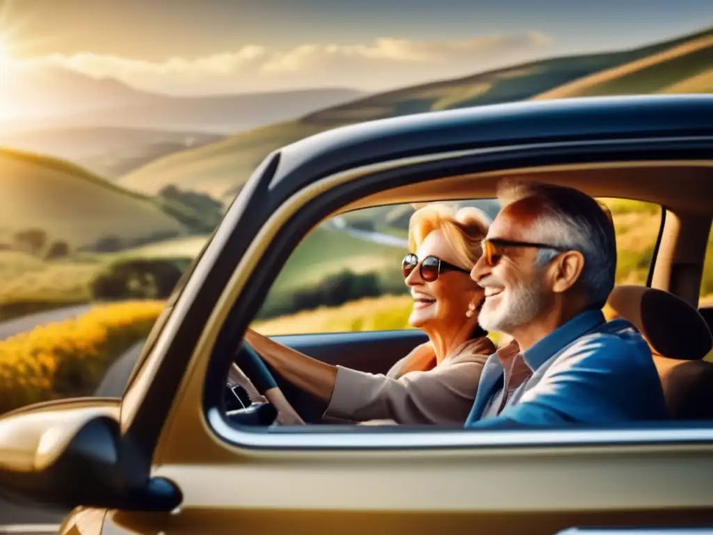 Pareja disfrutando viaje en carretera Pareja mayor disfrutando de un viaje en coche, con paisajes vibrantes y seguro de viaje nacional para mayores