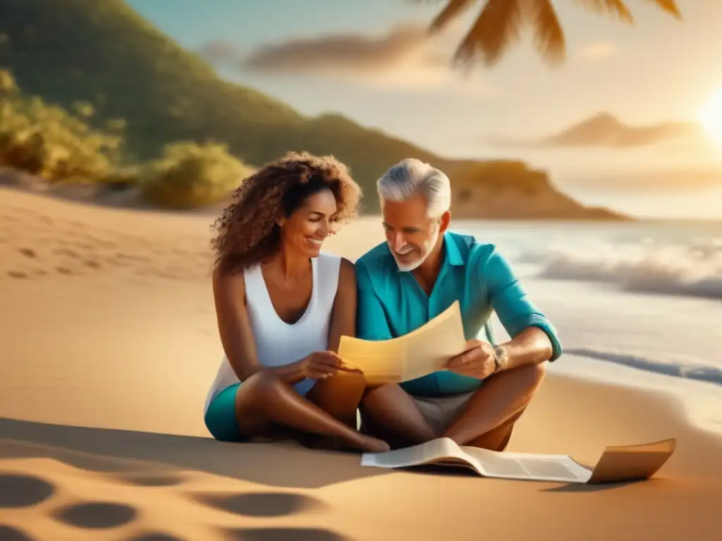 Pareja leyendo póliza de seguro de viaje Pareja madura en playa, leyendo póliza de seguro de viaje