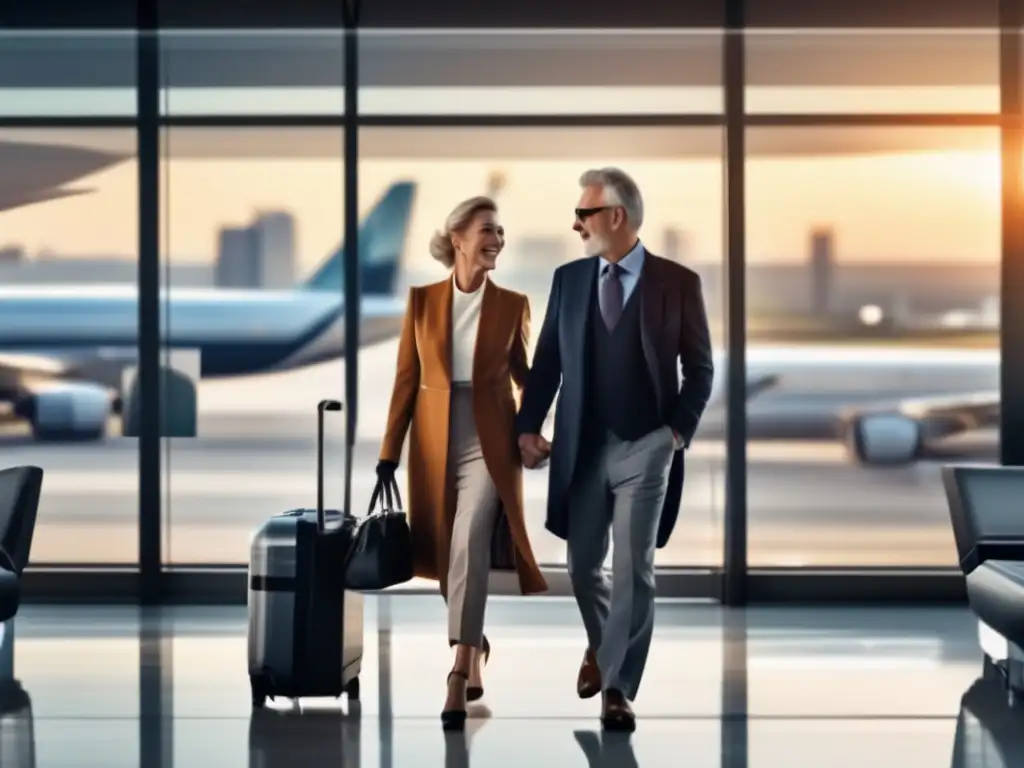Pareja emocionada en aeropuerto moderno Pareja madura con documentación de viaje en aeropuerto moderno y panorámica de ciudad en el fondo