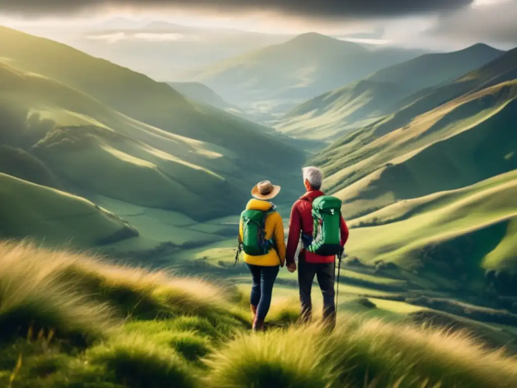 Pareja madura disfrutando la naturaleza Destinos naturales para viajeros maduros: pareja aventurera admira paisaje montañoso y valle verde desde cima impresionante