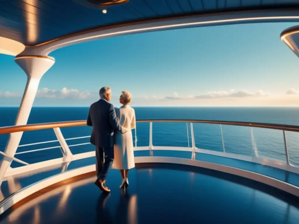 Pareja madura disfrutando de un crucero Equipaje crucero para viajeros maduros: Pareja en cubierta de lujo, disfrutando del mar y la serenidad