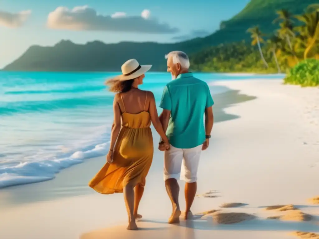 Pareja madura abrazándose en paradisíaca playa tropical Pareja madura en la playa tropical: Seguro médico para viajeros maduros