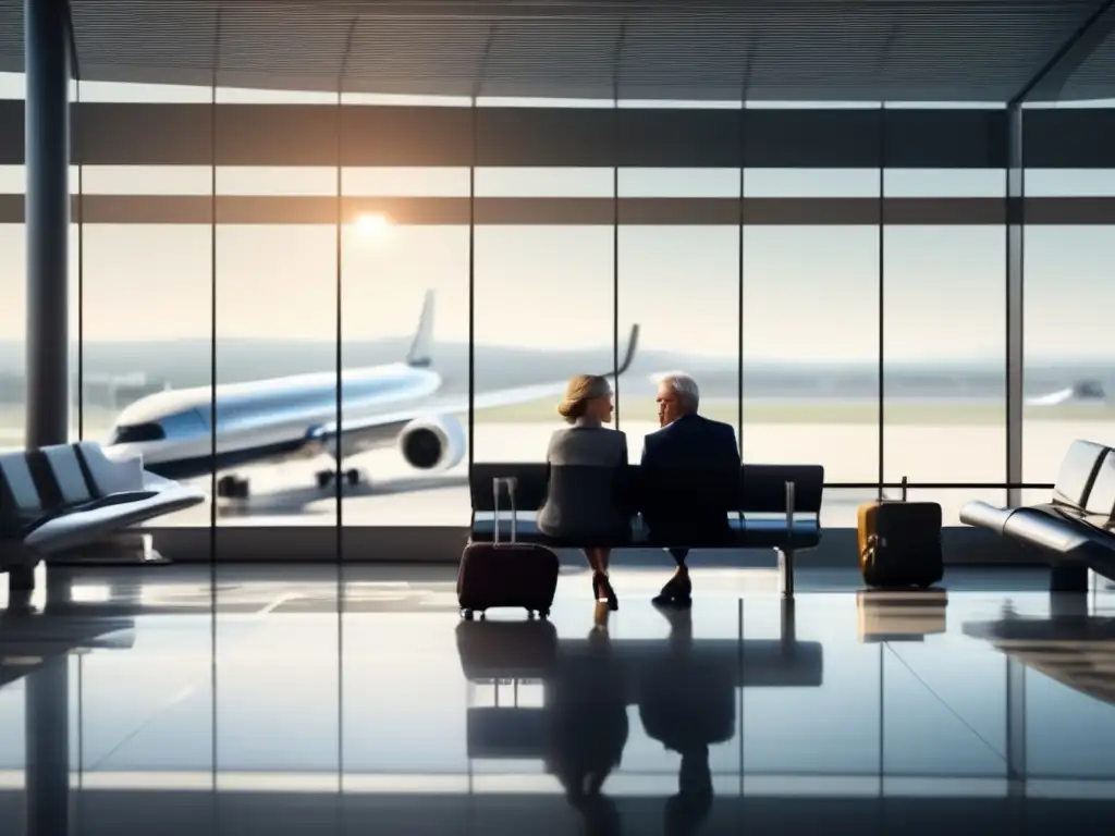 Pareja madura preparada para viajar Pareja madura en aeropuerto moderno, informándose y preparándose para viaje