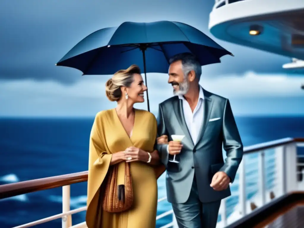 Pareja madura en un lujoso crucero Equipaje crucero para viajeros maduros: pareja elegante con paraguas, poncho, mochila, botellas de agua y termos disfrutan de un crucero lujoso