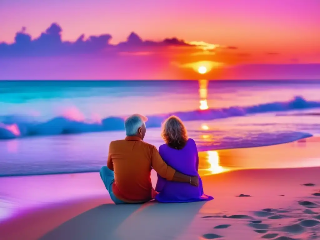 Pareja feliz disfrutando de una playa paradisíaca Pareja madura disfrutando de una playa paradisíaca con actitud positiva en viajes maduros