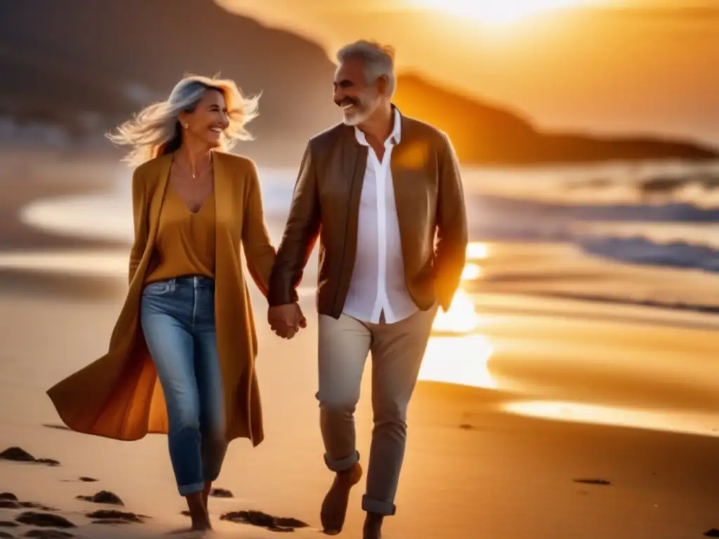 Pareja madura en playa al atardecer, simbolizando viajes seguros para seniors