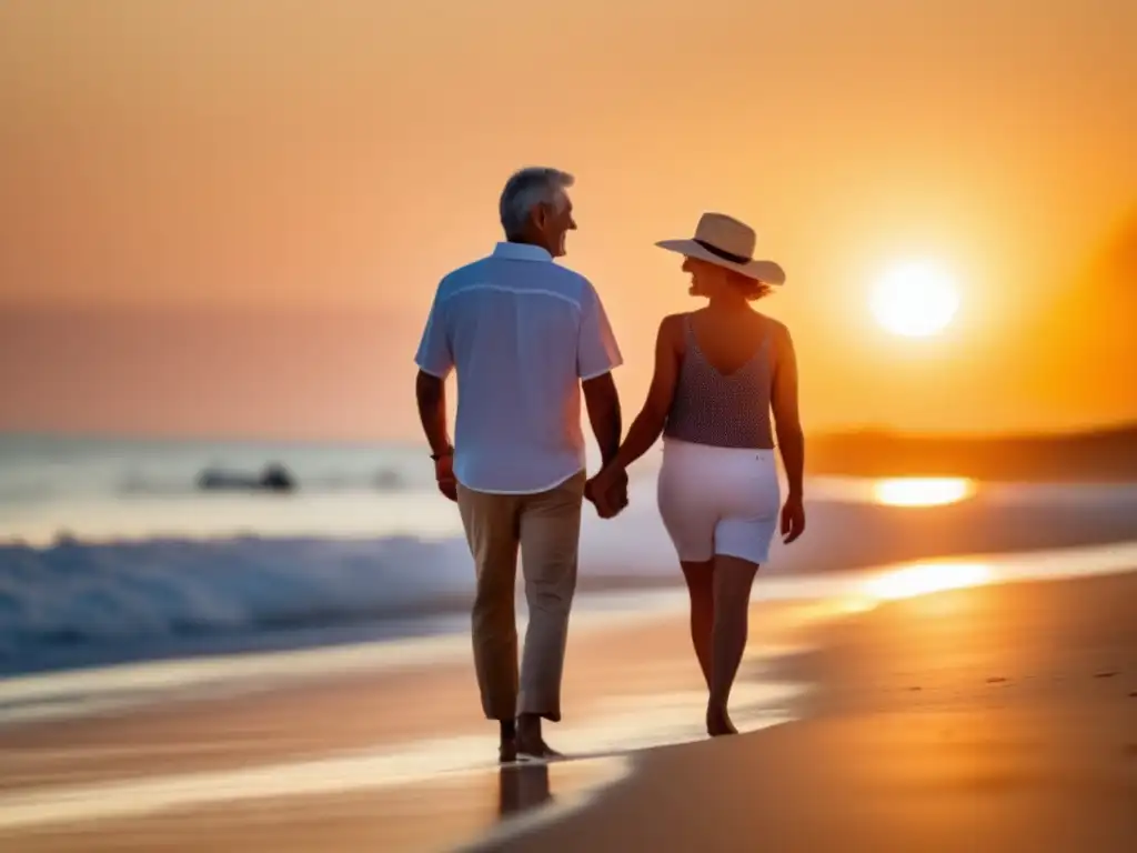 Pareja madura disfrutando viaje seguro en playa paradisíaca