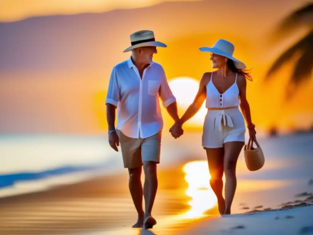 Pareja disfrutando de una romántica playa al atardecer Pareja madura en playa al atardecer, resaltando seguro de viaje para seniors