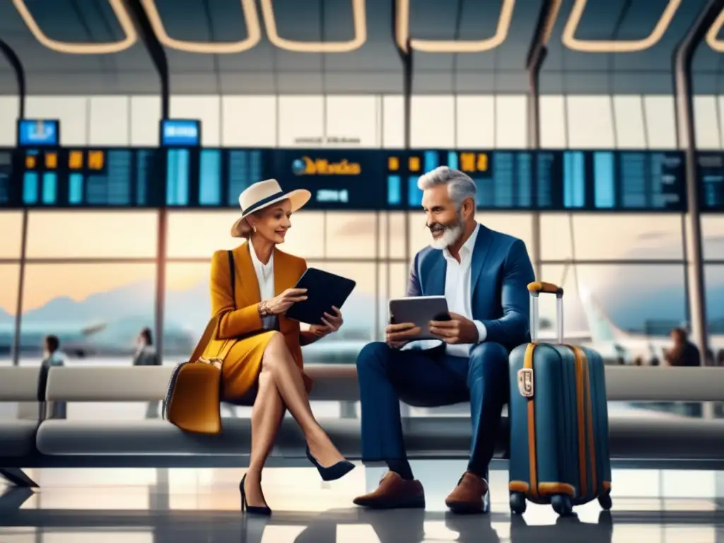 Pareja madura preparada y segura en aeropuerto Pareja madura preparando equipaje: Medidas preventivas para viajeros senior
