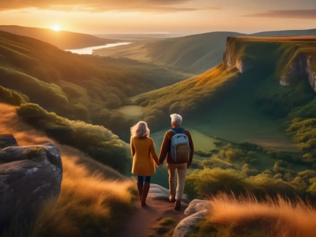 Pareja madura en acantilado, paisaje impresionante (50 caracteres) Ruta de ancestros para viajeros senior: Pareja madura en acantilado, paisaje exuberante al atardecer, conexión y anticipación