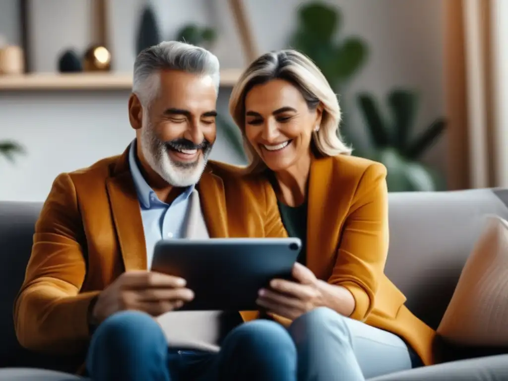 Pareja madura planeando viaje con tablet Pareja madura usando tecnología para planificar viajes de adultos mayores