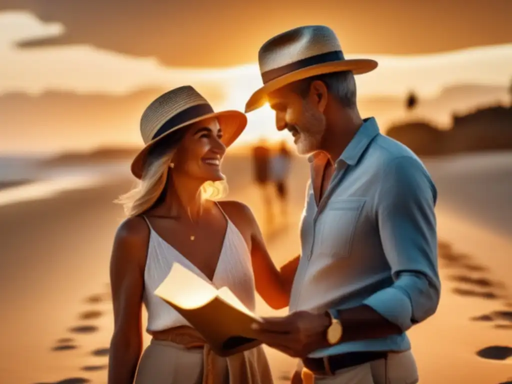 Pareja madura disfrutando atardecer en playa Pareja madura en playa al atardecer