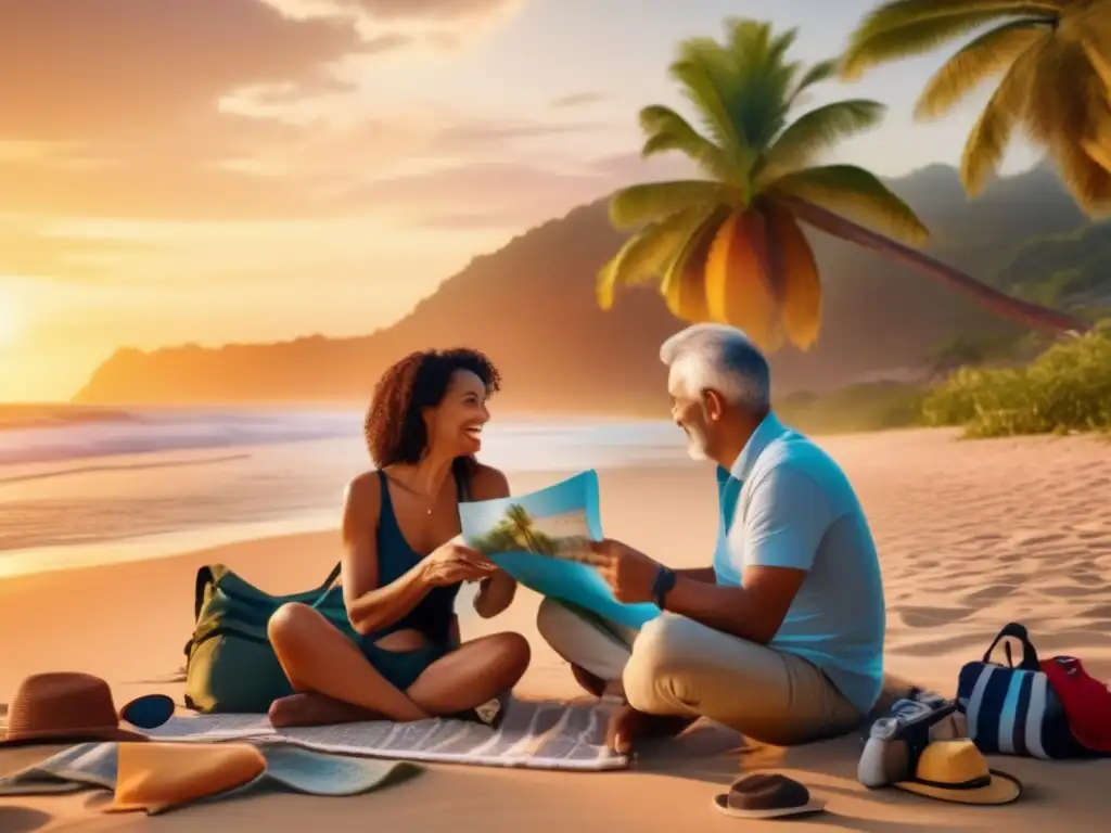Pareja madura planeando viaje a la playa Consejos antirrobo para viajeros seniors: Pareja madura en playa idílica, planeando viaje, rodeados de objetos de valor