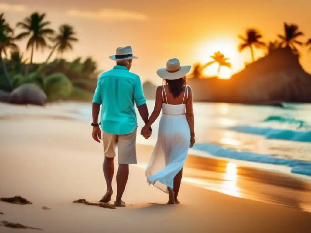 Pareja madura disfrutando de la playa al atardecer, transmitiendo aventura y relajación
