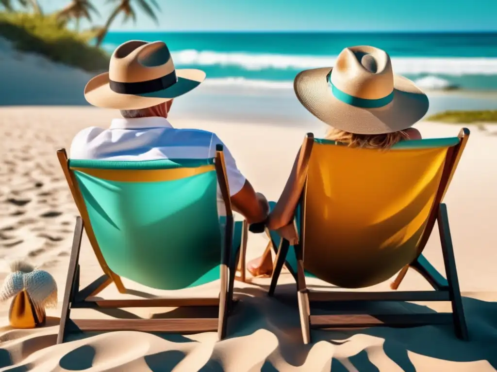 Pareja mayor disfruta de una hermosa playa Pareja madura disfrutando de una playa paradisíaca, transmitiendo seguridad financiera y preparación para viajes largos en la tercera edad