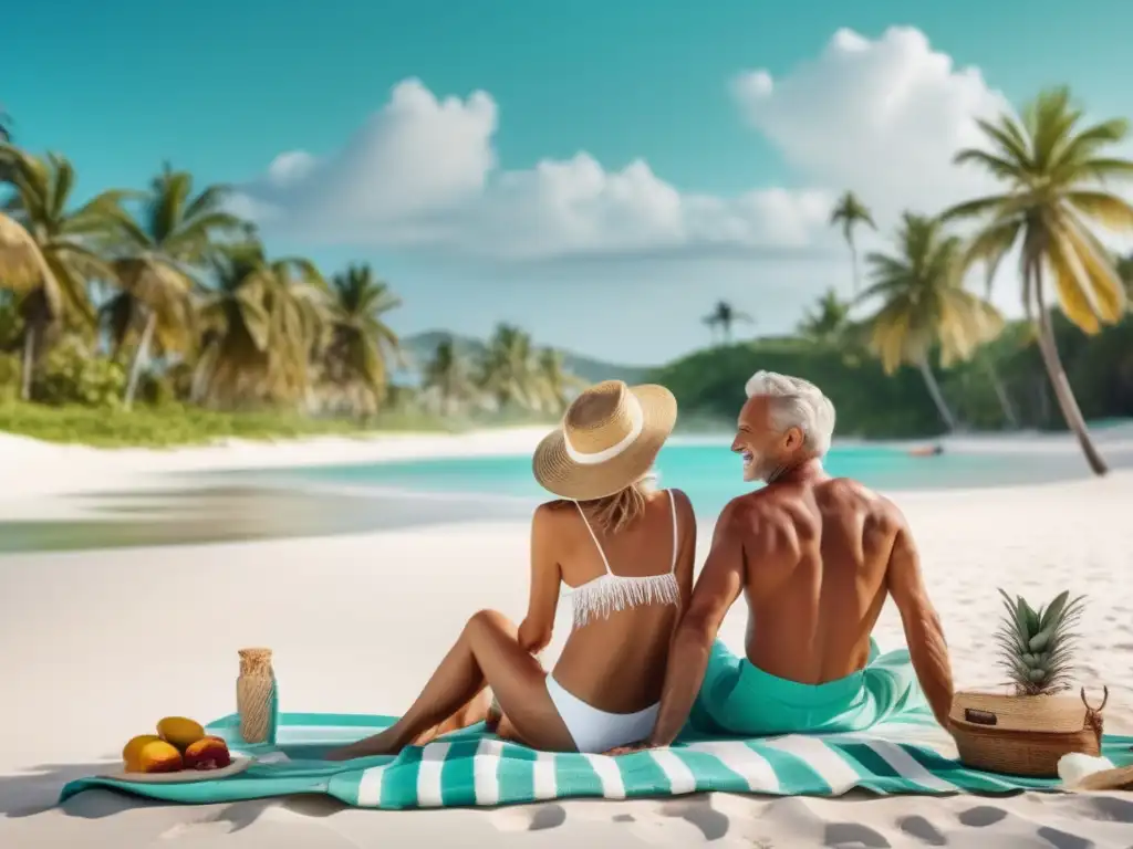 Pareja madura disfrutando de un picnic en la playa Pareja madura disfrutando de vacaciones con seguridad financiera en playa paradisíaca