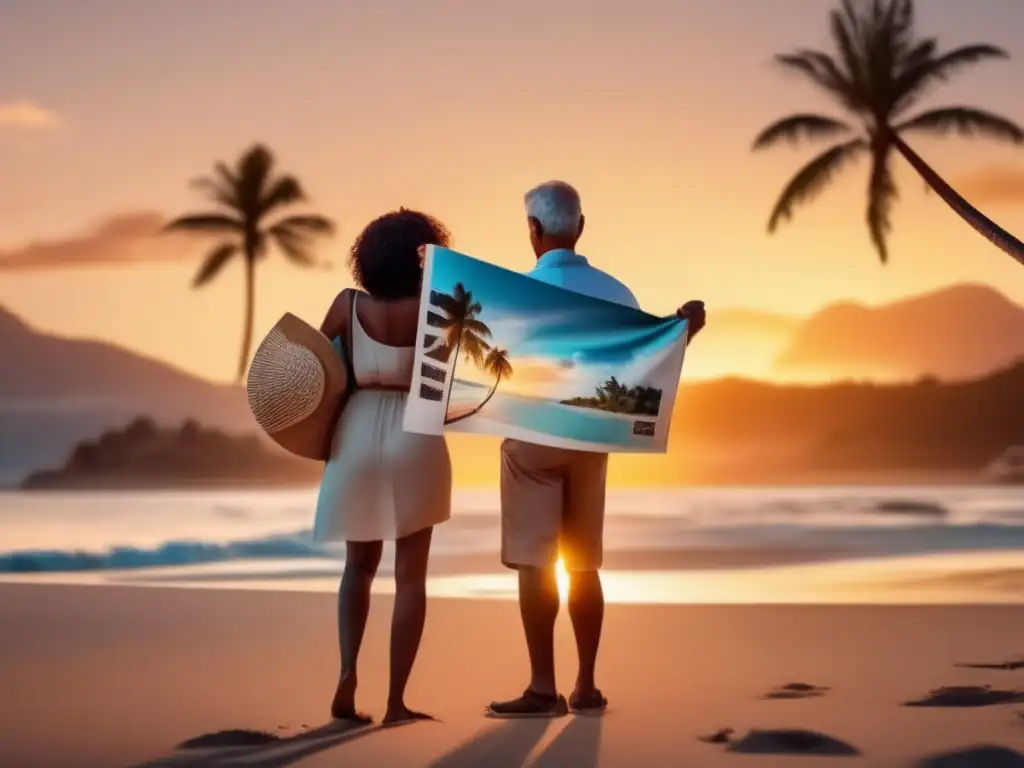 Pareja madura disfrutando de una vacación segura Pareja madura en playa al atardecer, con mapas y seguridad
