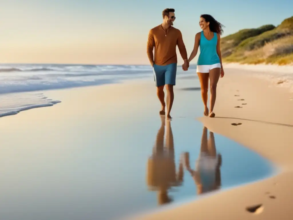 Pareja mayor practicando actividades saludables en la playa - Precauciones viajeros mayores salud seguridad