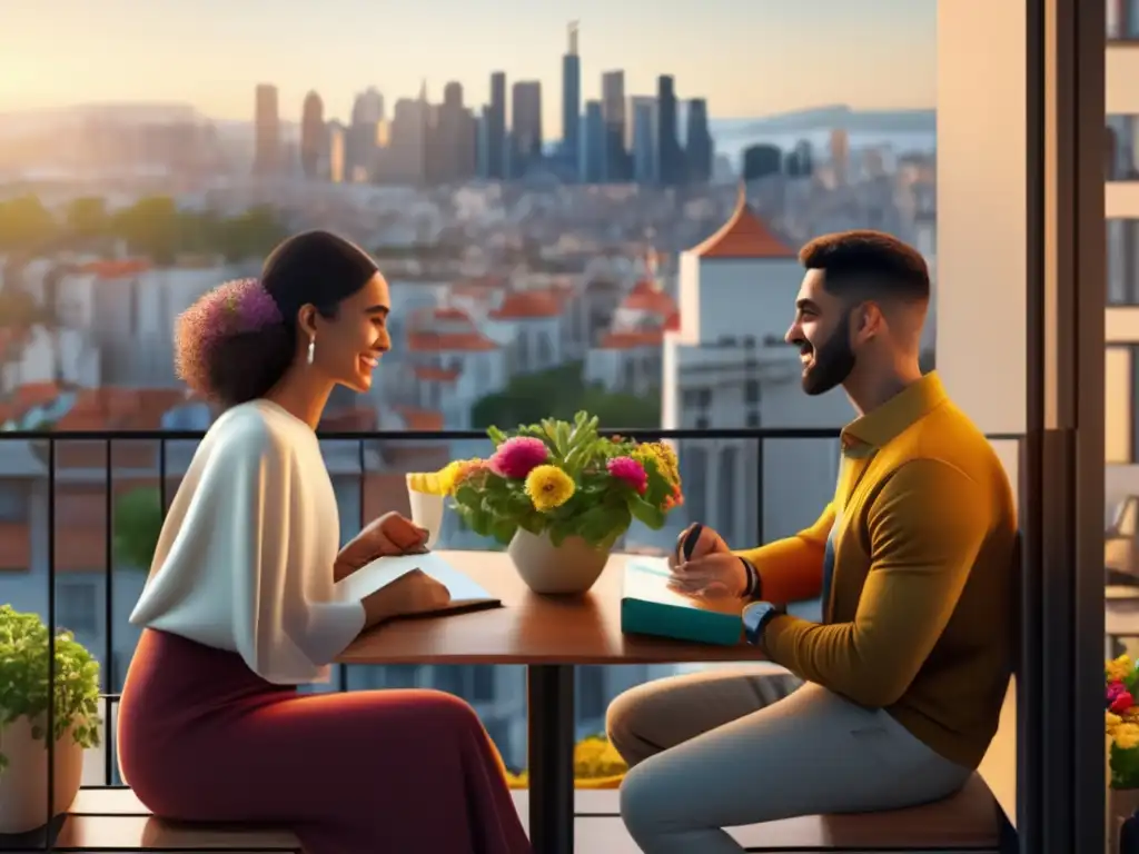 Pareja mayor aprendiendo idiomas en un balcón Pareja mayor en balcón con vista ciudad, beneficios viajes lingüísticos adultos mayores