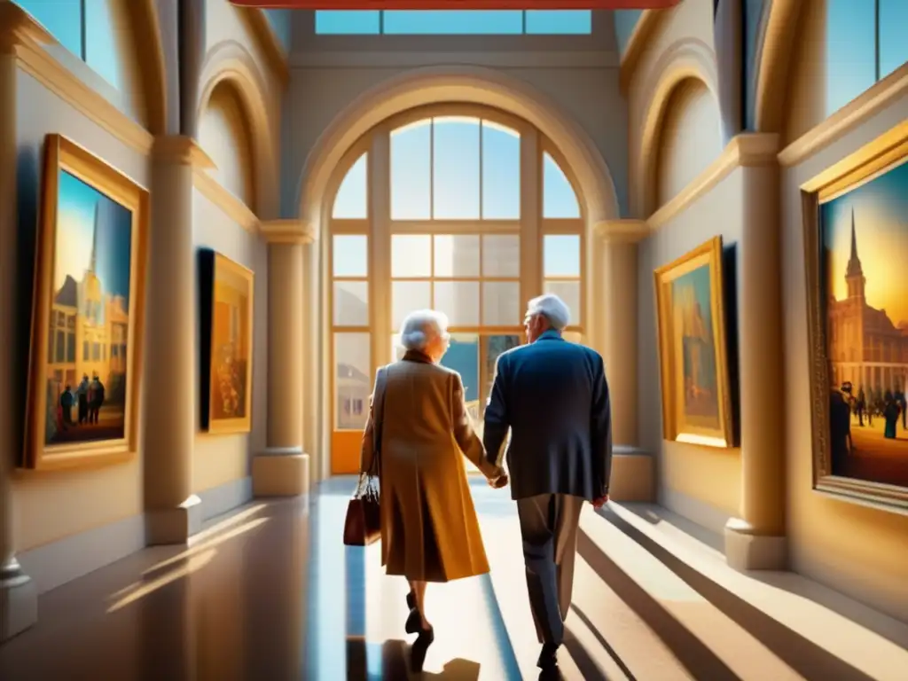 Pareja de ancianos disfrutando de un museo de arte vibrante Pareja de ancianos disfrutando de viajes culturales para seniors