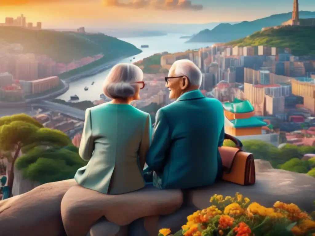 Pareja mayor disfruta de la vista Pareja mayor disfrutando de vistas urbanas y experiencias de viaje para adultos mayores