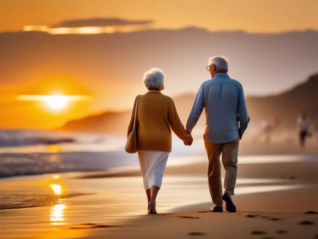 Pareja mayor disfrutando de la playa al atardecer Pareja mayor disfrutando de una romántica caminata en la playa al atardecer