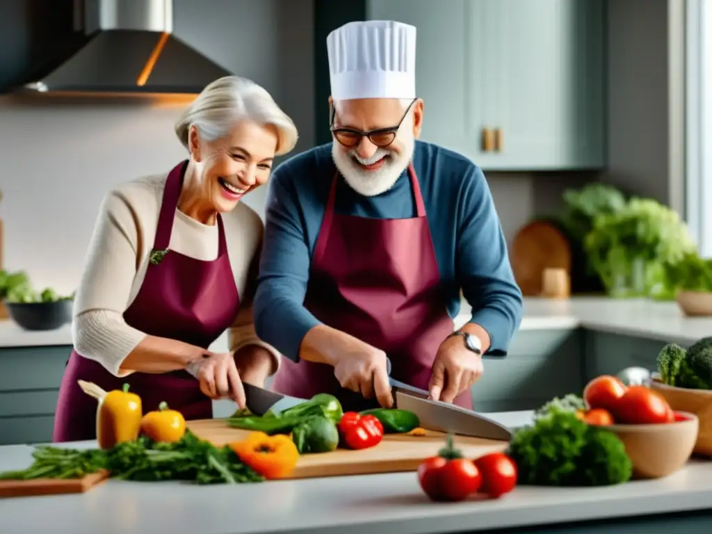 Pareja mayor cocinando juntos en cocina moderna Pareja mayor sonriente cocinando juntos en una cocina moderna