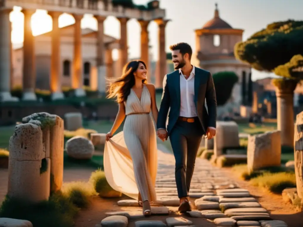 Pareja mayor explorando el antiguo Foro Romano Consejos para viajeros maduros en Roma: Pareja explorando ruinas romanas al atardecer, con el Coliseo de fondo