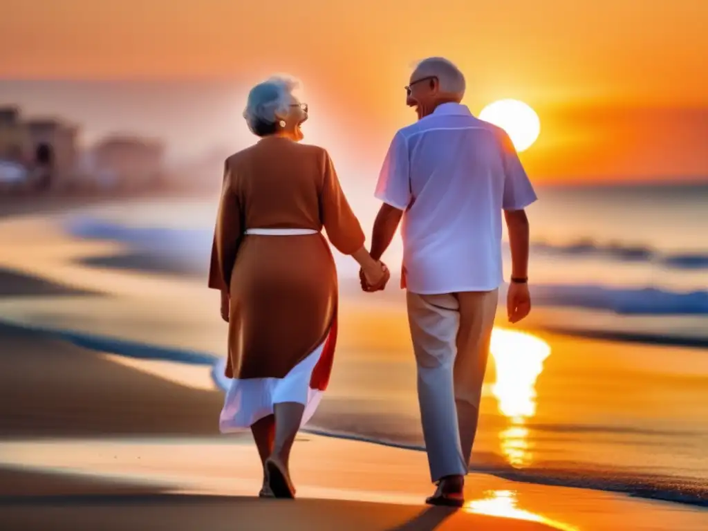 Pareja disfruta playa y hospital moderno Pareja senior disfrutando de un atardecer en la playa - Beneficios y recomendaciones del turismo médico para seniors