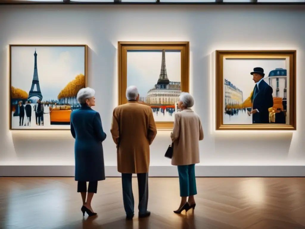 Pareja mayor disfrutando arte en París Galerías de arte en París para viajeros seniors: una pareja mayor disfrutando de una galería con obras de arte contemporáneo