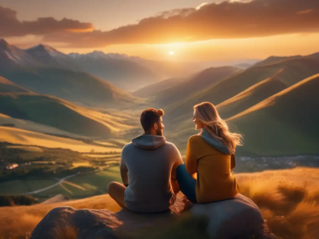 Pareja disfrutando vista montañas al atardecer Pareja mayor disfrutando vista panorámica y atardecer en viaje enriquecedor para adultos mayores