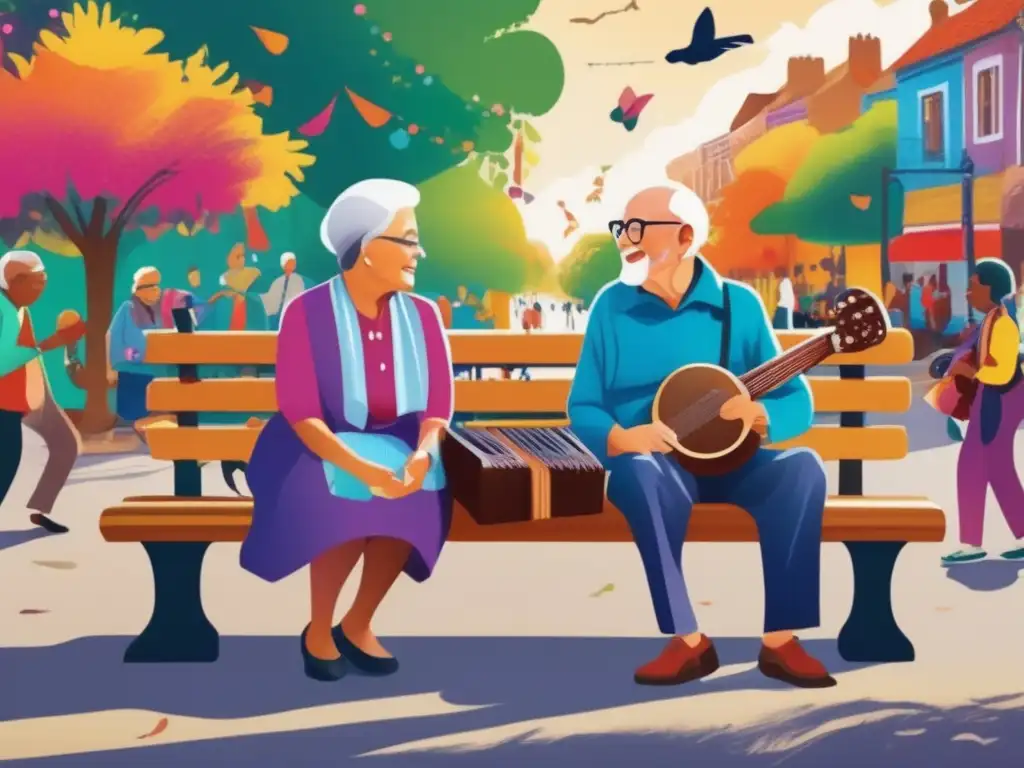 Pareja mayor disfrutando de la cultura y el arte en un parque Experiencias de viajes senior enriquecedoras: pareja mayor en parque rodeada de actividades culturales y artísticas vibrantes