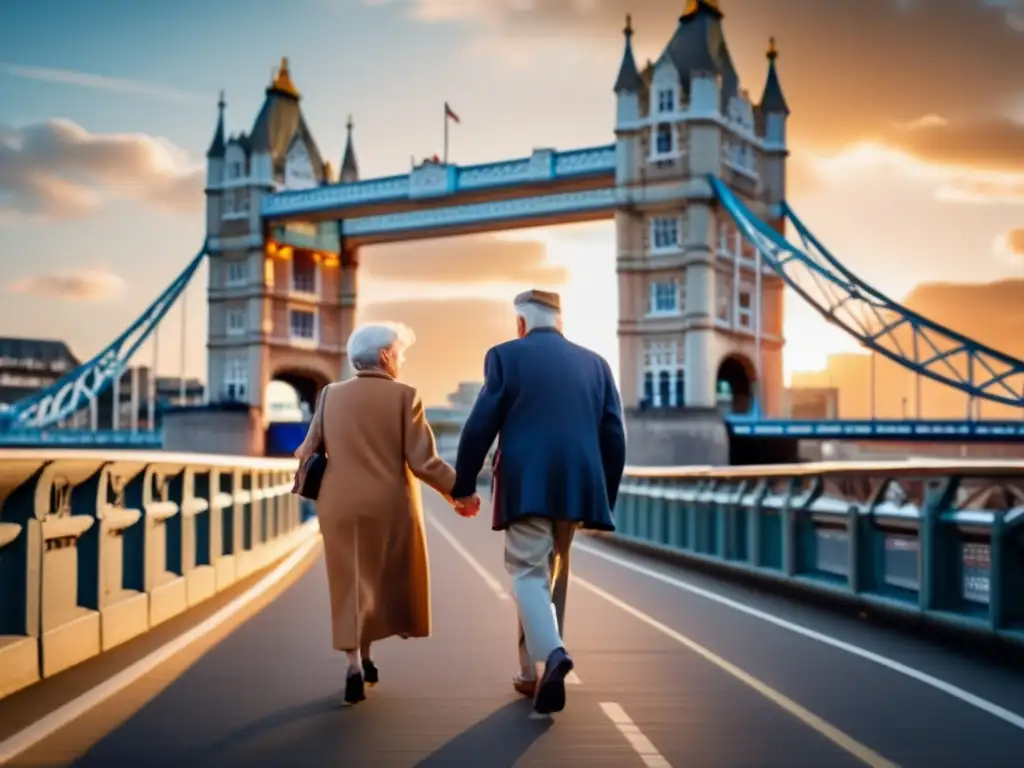 Pareja mayor disfrutando London en Tower Bridge Beneficios de viajar a Londres para adultos mayores: Pareja mayor disfrutando de la icónica Torre de Londres al atardecer
