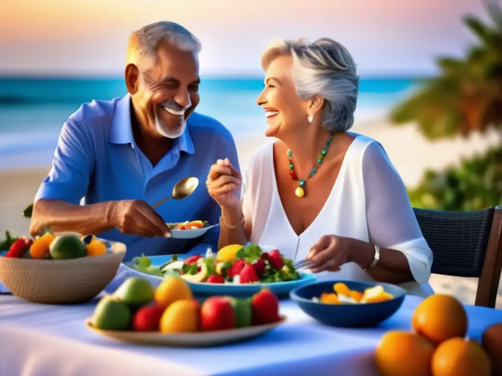 Pareja mayor disfrutando una comida saludable en la playa Pareja senior disfrutando comida saludable en la playa - Consejos alimentación saludable viajes senior