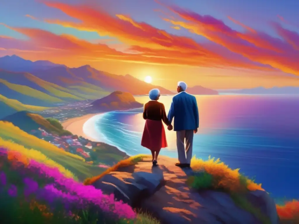 Pareja mayor disfrutando del atardecer Experiencias de viaje para adultos mayores en un hermoso atardecer con una pareja en un acantilado