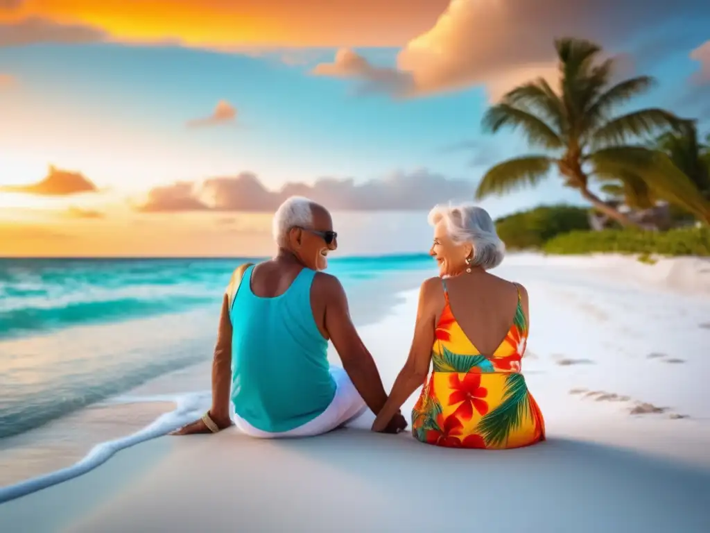 Pareja disfrutando del paraíso tropical Una pareja mayor disfruta de unas vacaciones en la playa, transmitiendo alegría y serenidad