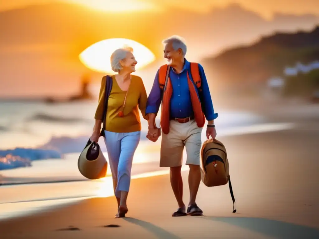 Pareja mayor sonriente caminando en la playa con precauciones de viaje (+palabra clave)