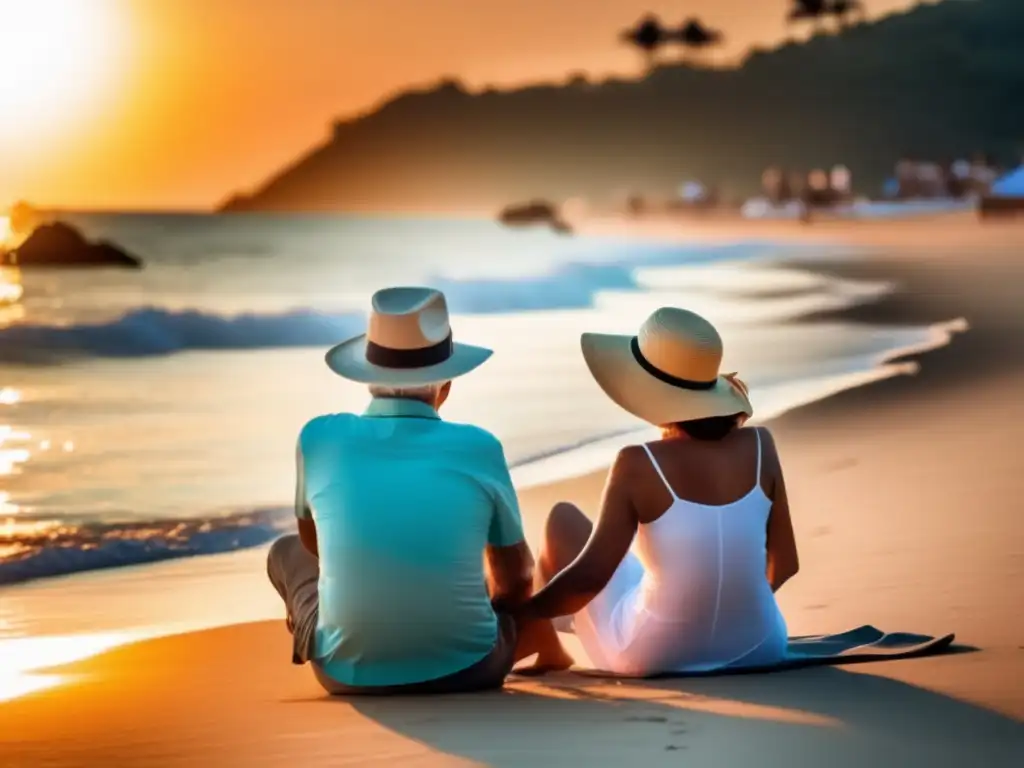 Pareja disfrutando de la playa al atardecer Pareja senior disfrutando de la playa, reflejando relajación y felicidad