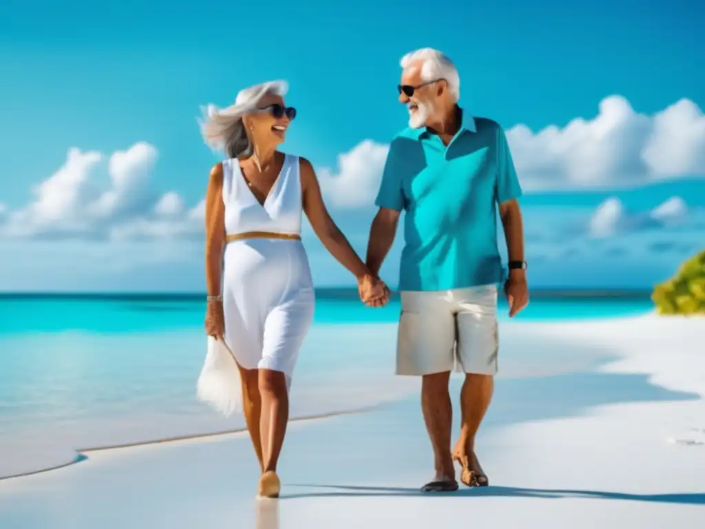 Pareja de mayores felices en playa paradisíaca Viajes seguros y saludables para seniors en una playa paradisíaca