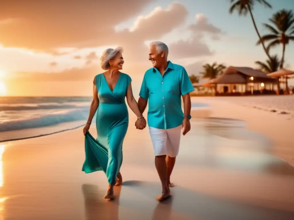 Pareja senior disfrutando de la playa Pareja senior feliz en playa segura - Consejos seguridad viajes seniors