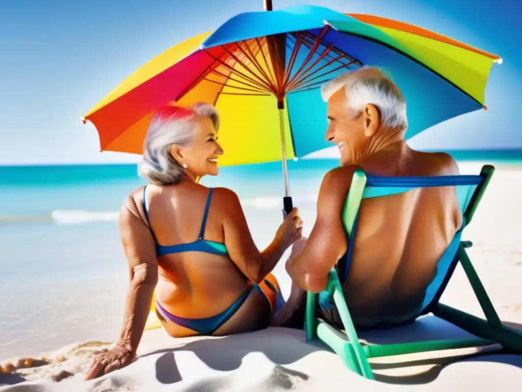 Pareja mayor disfrutando en la playa Cuidados viajes seniors salud: Pareja mayor disfrutando de la playa, aplicando protector solar y protegiéndose del sol bajo una sombrilla colorida