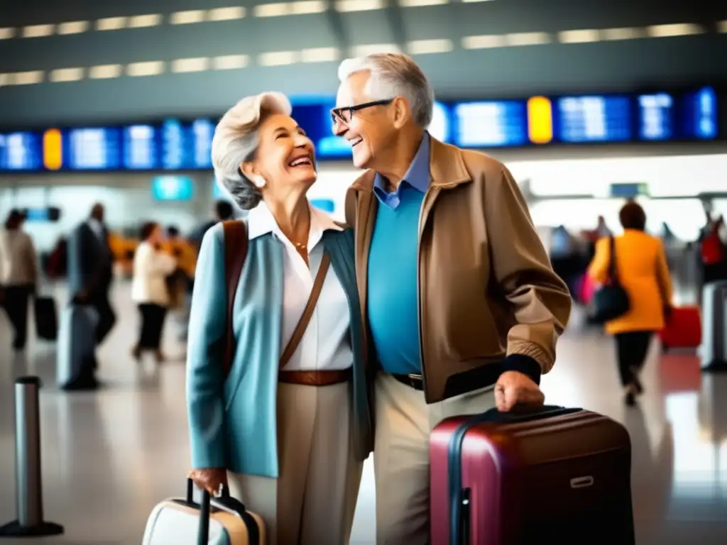 Pareja mayor emocionada en el aeropuerto Pareja de adultos mayores en aeropuerto, mostrando entusiasmo y pasaportes - Visados de viaje para adultos mayores