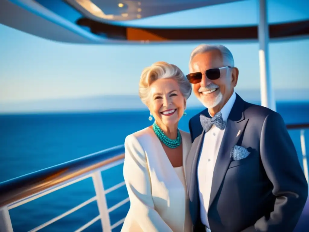Pareja mayor disfrutando de un crucero de lujo Pareja de adultos mayores disfrutando de un crucero, reflejando los beneficios del seguro de viaje para adultos mayores