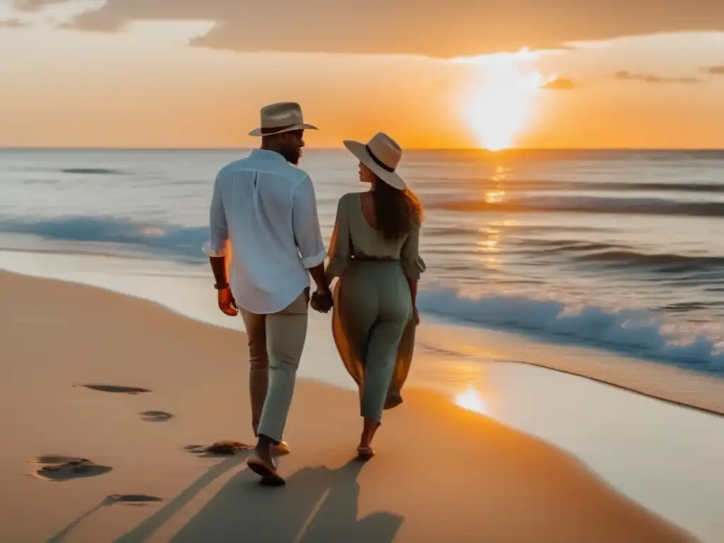 Pareja mayor en playa al atardecer, vistiendo ropa adecuada para viajes senior
